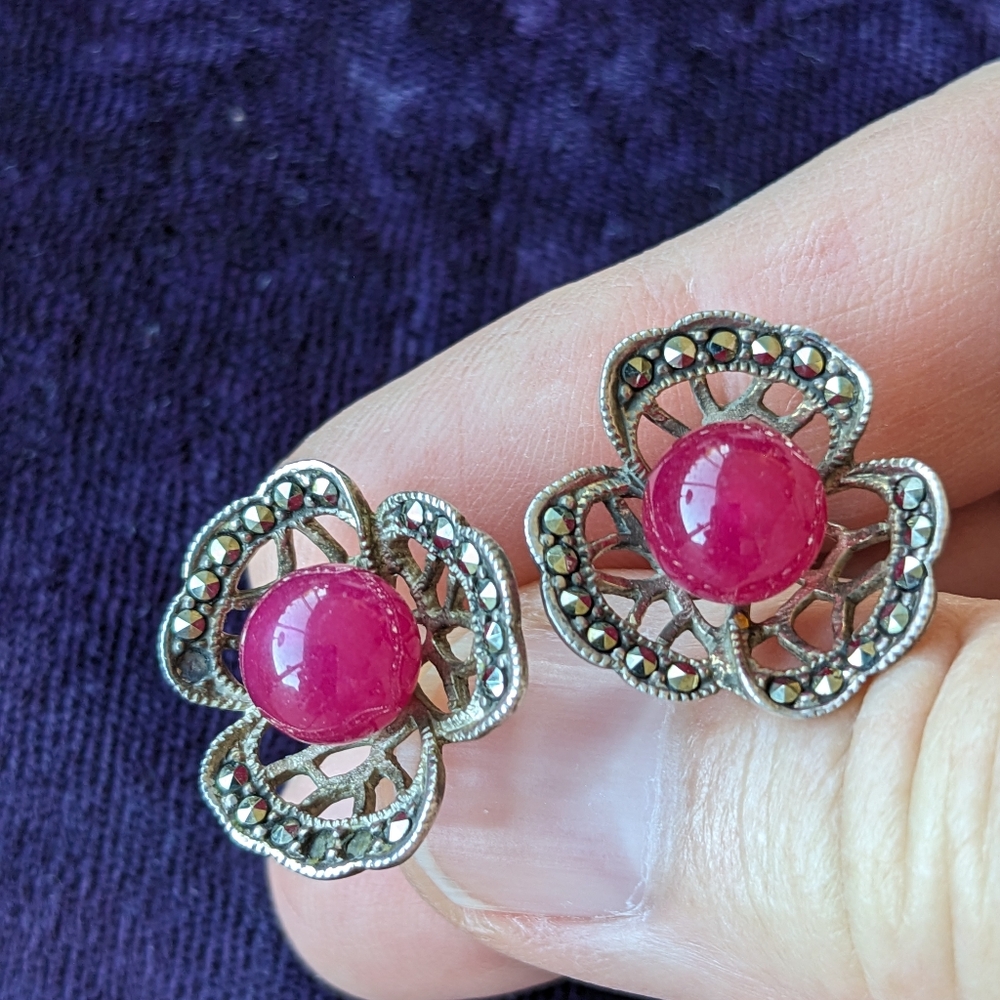 Vintage 925 Sterling Silver Flower Earrings With Rubies And Markasites